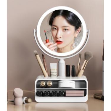 Imagem de HivaolJoy Organizador de espelho de maquiagem recarregável com luzes LED, ampliação de 20x, estojo de exibição cosmética de grande capacidade para cuidados com a pele, pincéis de maquiagem