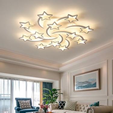 Imagem de Luminária de teto LED com controle remoto, dimerizável (3000-6000K), design estrela, branca, ideal para sala de estar, quarto infantil, quarto de casal e sala de jantar (12 lâmpadas).