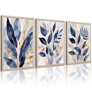 Imagem de Arte de parede botânica azul impressão em tela folha abstrata decoração planta moderna arte de parede minimalista corredor pintura botânica azul folhas douradas imagens para sala de estar quarto 30 x