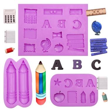 Imagem de Acvcatto Material escolar molde de silicone, moldes de fondant de livro de volta às aulas, letras ABC, lápis calculadora, globo, formas de chocolate para decoração de bolos, enfeite de cupcake, pasta
