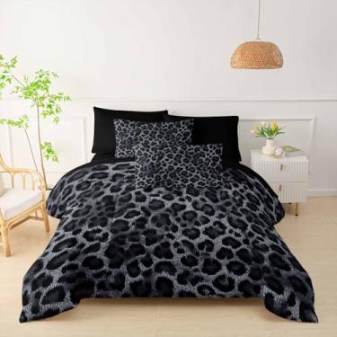 Imagem de QOOMO Conjunto de 7 peças para decoração de quarto infantil de leopardo, estampa de animal selvagem, tamanho Queen com 1 edredom, 2 fronhas, 2 fronhas pretas, 1 lençol com elástico, 1 lençol de cima