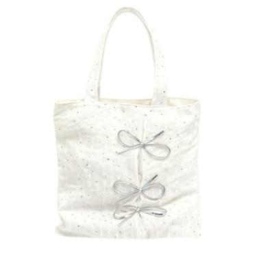 Imagem de Bolsa de ombro feminina de lona de grande capacidade com laço macio elegante bolsa diária, Branco
