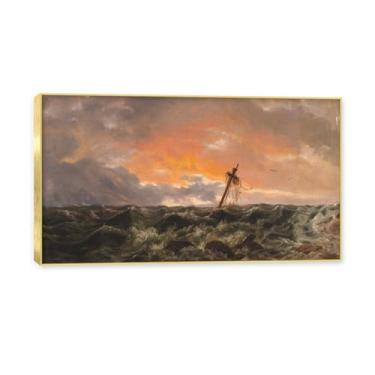 Imagem de NHLDZYH Moldura dourada. Pintura a óleo de paisagem romântica norueguesa famosa, J.C. Dahl, cópia de pintura a óleo clássica emoldurada para sala de estar ou escritório. (Naufrágio 7). 60 x 108 cm.