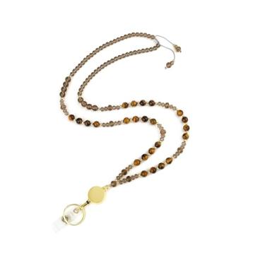 Imagem de AIDSOTOU Cordões para crachás de identificação e chaves, cordão de professor com contas de pedra natural para mulheres, cordão retrátil com porta-identidade, cordões fofos para professores (marrom)