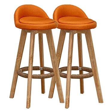Imagem de Conjunto de 2 bancos de bar de madeira - Bancos de bar com encosto baixo com moldura de madeira e apoio para os pés para cozinha, pub, cafeteria - cadeiras de bar de café da manhã