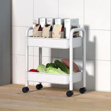 Imagem de Carrinho de armazenamento branco de 2 camadas - Carrinho organizador de cozinha e banheiro com alça e rodas traváveis, carrinho utilitário com rodinhas que economiza espaço para espaços pequenos