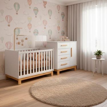 Imagem de Quarto Bebe Infantil Q Encanto Berco Vira Cama e Comoda Sapateira 1 Porta 4 Gavetas Slim Qmovi