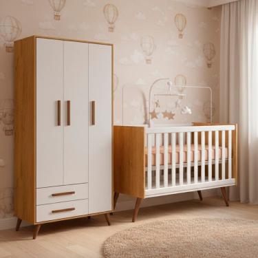 Imagem de Quarto Bebe Infantil Q Encanto Berco Vira Cama e Guarda Roupas 3 Portas 2 Gavetas Retro Qmovi