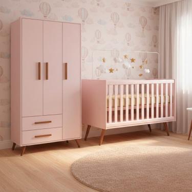 Imagem de Quarto Bebe Infantil Q Encanto Berco Vira Cama e Guarda Roupas 3 Portas 2 Gavetas Retro Qmovi