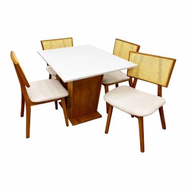 Imagem de Mesa de Jantar Classic 120x80cm com Vidro e 4 Cadeiras Livia em Linho Madeira Cel Móveis Cor Cinamomo Off White com Tecido Bege