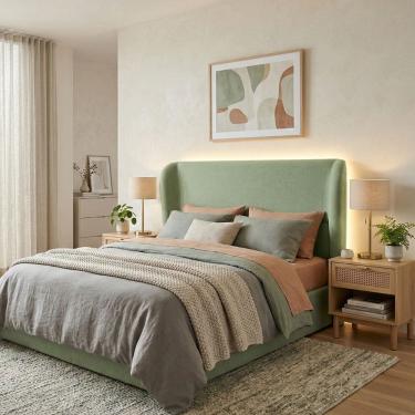 Imagem de Cabeceira Cama Casal Queen Size Livia 160cm Orgânica Curva Bouclê Verde - Montanari`s Decor