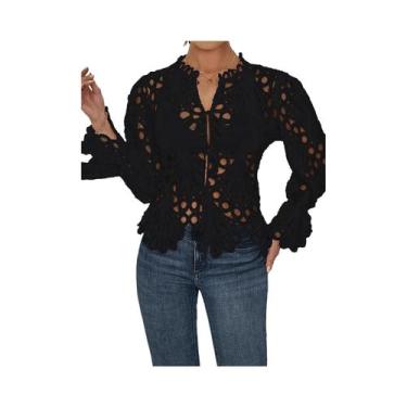 Imagem de Blusa Feminina Elegante De Manga Longa Em Renda Transparente Com Detal