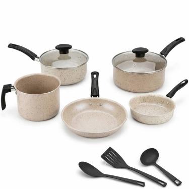 Imagem de Jogo de panelas 8 peças teflon antiaderente Tampa de Vidro Marfim