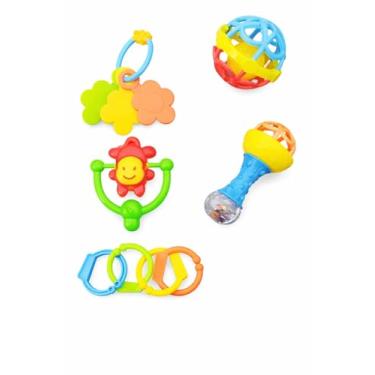 Imagem de Brinquedo Bebês - Kit Mordedor e Chocalho para Bebês Com 5 Peças – Brinquedos Educativos Coloridos, Seguros, Estimulam Coordenação Motora e Aliviam a Dentição - 0 a 12 meses