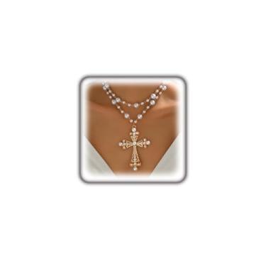 Imagem de Colar feminino com cruz de pérola, gótico, dourado, grosso, grande, cruz, corrente de pérolas, crucifixo grande, pingente para festa punk, Large, Zinco, Pérola