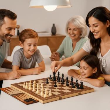 Imagem de Jogo de Xadrez 3 em 1 Magnético Tabuleiro Dobrável, Damas Gamão em Madeira Premium