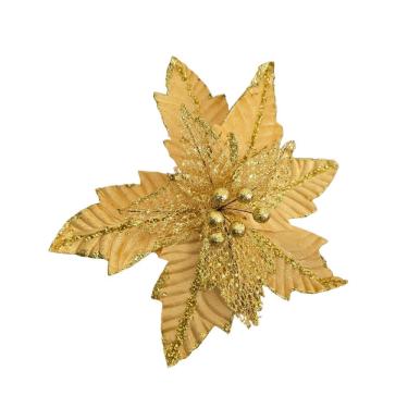 Imagem de Flor Natalina Telada Veludo Flor Artificial Ouro 30cm para Decoração de Natal Dourado T...