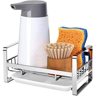 Imagem de Organizador de pia de cozinha, suporte de esponja para pia, bandeja de escorredor, panos de prato escova bancada de armazenamento de sabão com bandeja removível (não incluindo dispensador e esponja)