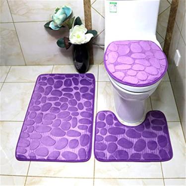 Imagem de 3 pçs/conjunto de tapete de banho de banheiro conjunto tapetes higiênicos de seixo antiderrapante capa de banheiro almofada de pé tapetes absorventes tapetes de banheiro decoração, roxo