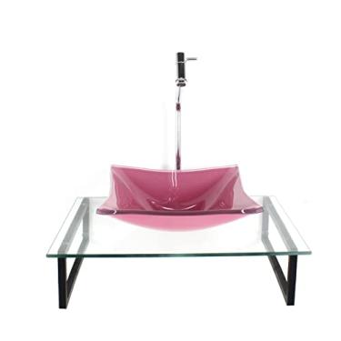 Imagem de KIT CUBA DE VIDRO QUADRADA 10MM ROSA COM TAMPO 50CM INCOLOR E SUPORTE PRETO