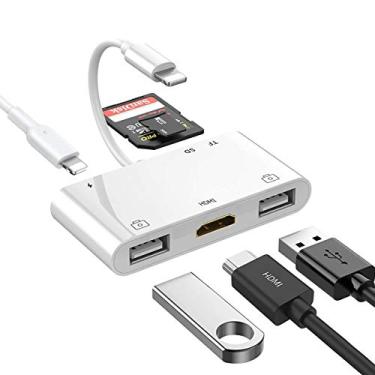 Imagem de rosyclo Adaptador Lightning Hub para iPad, conversor Lightning 6 em 1 digital AV para HDMI, leitor de cartão TF e SD, adaptador de câmera USB, entrega de energia compatível com iPhone, iPad e mais dispositivos USB