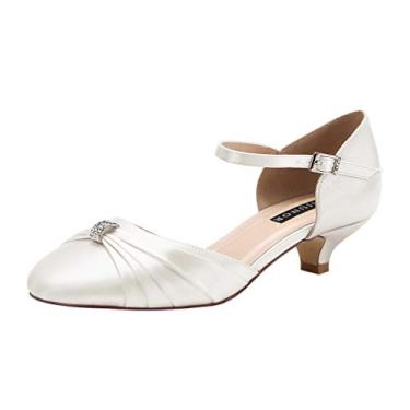 Imagem de ERIJUNOR Tênis de casamento feminino confortável salto baixo fivela tira no tornozelo tingível cetim noiva, Marfim, 6