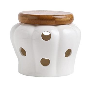 Imagem de SM SunniMix Porta-alho de cerâmica, coleção vazada redonda em forma de abóbora, branca