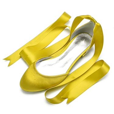 Imagem de Sapatos de casamento para noivas mulheres sapatilhas de cetim sapatilhas com fivela bico redondo sapatos sociais 36-44,Yellow,3 UK/36 EU