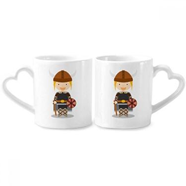 Imagem de Conjunto de canecas de porcelana para casais de desenho animado viking da Suécia com alça de coração