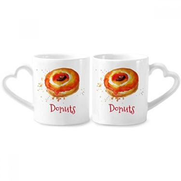 Imagem de Aquarela pintada à mão laranja donut sobremesa casal conjunto de canecas de porcelana cerâmica copo amante alça de coração