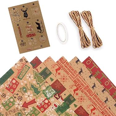Imagem de 6 folhas de papel de embrulho de Natal Papel Kraft com padrão de alce de árvore para a coleção de elementos de Natal Papel de embrulho de presente