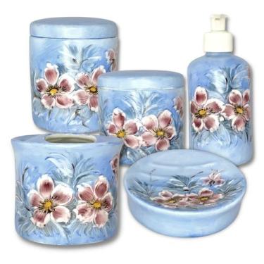 Imagem de Kit Higiene De Banheiro 5 Peças De Porcelana Pintado À Mão Azaleia Sil