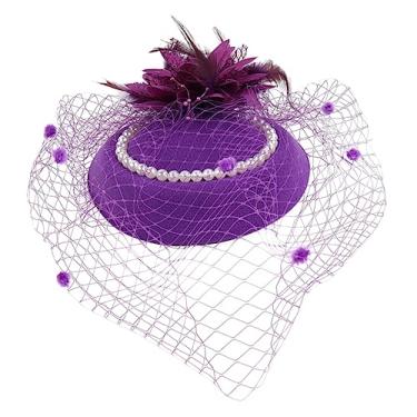 Imagem de PACKOVE Chapéu De Pérola De Malha Fascinador De Noiva Chapéu De Flor De Noiva Fascinator Vintage Cocar De Malha Elegante Fascinadores Da Festa Do Chá Roxo Anos 50 Grampo Pano Casamento