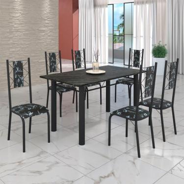 Imagem de Conjunto Sala de Jantar Bahia Mesa Tubo 140x75cm Tampo Pedra Ardósia Indiana com 6 Cadeiras Preto Floral / Preto Fosco