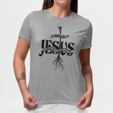 Imagem de Camiseta Feminina Cinza Mescla Jesus É O Caminho A Verdade E A Vida -