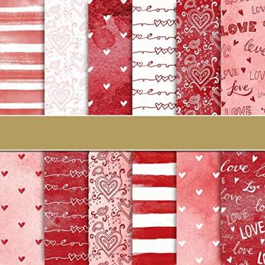 Imagem de Whaline Pacote com 24 papéis padrão de dia dos namorados 30 x 30 cm aquarela coração amor scrapbook papel de artesanato doce rosa vermelho dupla face para fazer cartões faça você mesmo scrapbook decoração de álbum de fotos, 12 designs