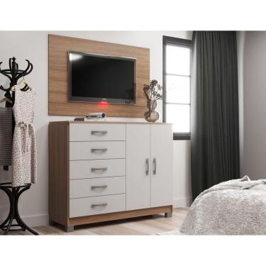 Imagem de Cômoda Sapateira 2 Portas 5 Gavetas com Pés + Painel para Tv até 55 Polegadas Branco/Demolição