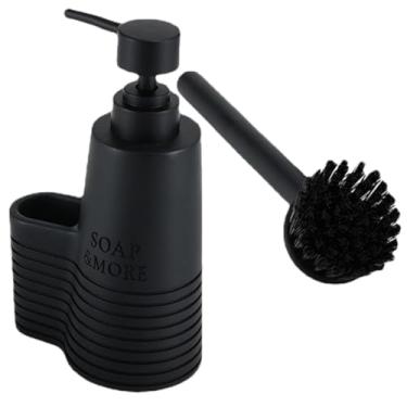 Imagem de 1 conjunto de garrafa de loção tipo imprensa dispensador de sabão líquido escova de limpeza cozinha push garrafa dispensador de sabão preto com escova de limpeza