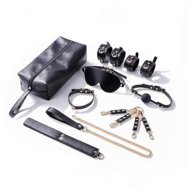Imagem de Kit de bondage BDSM-7 unidades SM conjunto para sexo, algemas sexuais pulseiras de tornozelo e vendas de couro adulto conjunto de restrições de bondage com bolsa de armazenamento, brinquedos BDSM para sexo de casal (Black)