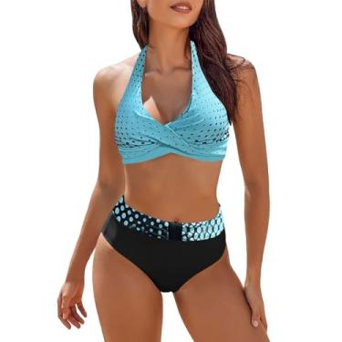Imagem de LEKODE Conjunto de biquíni feminino de duas peças com cintura alta, short para natação, conjunto de biquíni com faixa de cores contrastantes, Verde menta, 3G