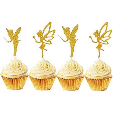 Imagem de JeVenis 32 peças Toppers de cupcake dourado com glitter de fada, topo de bolo de anjo, topo de bolo, topo de cupcake para aniversário, chá de bebê, decoração de casamento