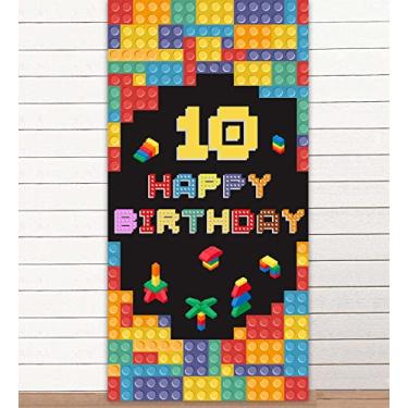 Imagem de Blocos de construção coloridos, faixa de fundo de feliz aniversário de 10 anos, brinquedos de construção, blocos de tijolos, decoração temática para menino, lembrancinhas de festa de 10 anos,