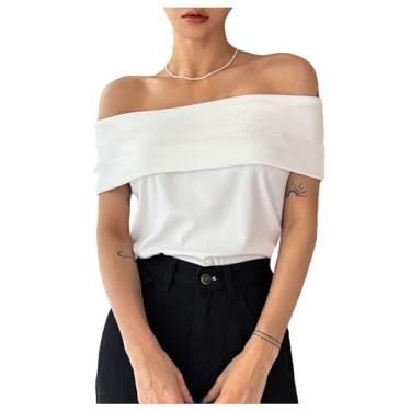 Imagem de Floerns Camiseta feminina casual ombro de fora de malha canelada dobrável sólida meia manga, Branco, M