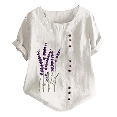 Imagem de Camiseta feminina de verão de linho, estampa floral, blusa de manga curta, gola redonda, caimento solto, camiseta para sair, Branco, GG