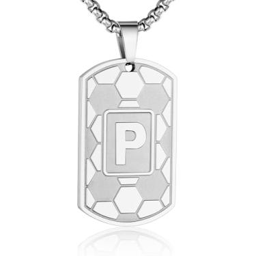 Imagem de Colar masculino com pingente de futebol com inicial A-Z, corrente de aço inoxidável, 55 cm + 5 cm, personalizado, esporte, atletas, joias, presente de futebol para homens, Prata, Sem Pedra Preciosa