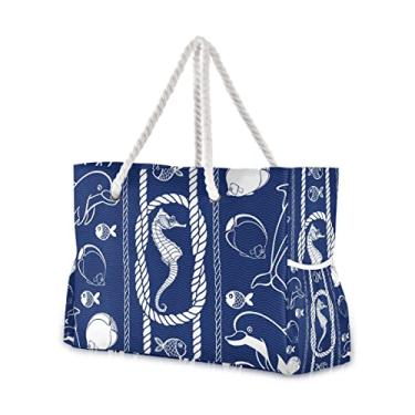 Imagem de Sacolas de praia grandes sacola de lona bolsa de ombro Sealives Sea World Sacos resistentes à água para academia viagens diárias, Golfinhos e peixes, cavalo marinho, One Size