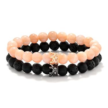 Imagem de POSHFEEL Pulseira de casal de pedras naturais CZ micro pavê coroa king queen de 8 mm, 19 cm, 7.5 inches, Pedra, Ágata