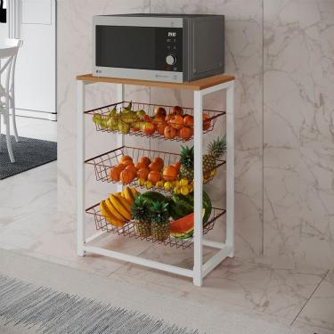 Imagem de Fruteira com Suporte para Micro-ondas Barcelona Aço Branco Cesto Cobre Tampo Canela