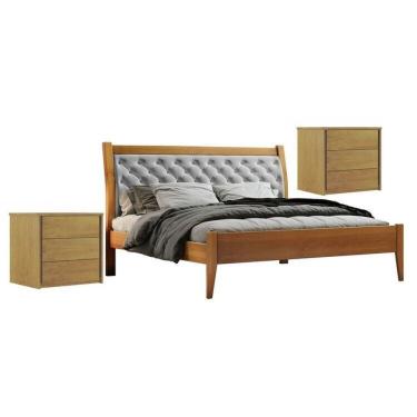 Imagem de Conjunto Cama Casal Queen 160cm Vivare e 2 Mesa de Cabeceira 3 Gavetas Unique Amêndoa Mel/Cinza Claro
