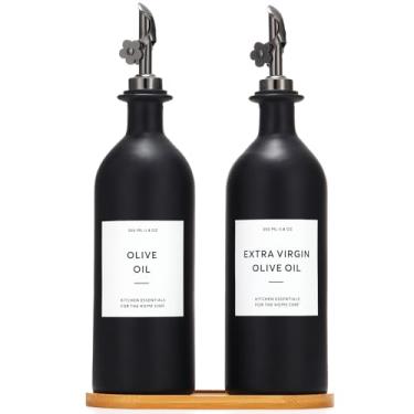 Imagem de HOMCDALY Dispensador de azeite de oliva para cozinha, garrafas de óleo de vidro de 473 ml com bandeja de bambu, conjunto de galheteiro de óleo preto e vinagre, garrafas dispensadoras de cozinha com